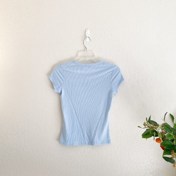 🦋 BELLE TWEED Y2K Ribbed Butterfly Embroidered Blue Baby Tee - Picture 3 of 5